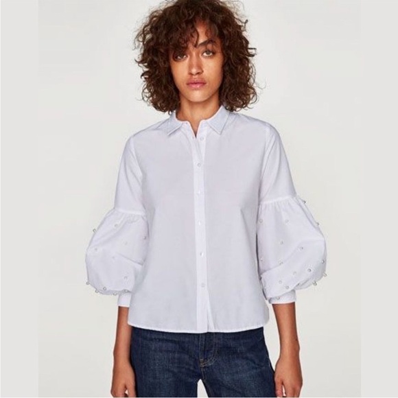 Zara Basic Editions Pearl Balloon Sleeve White Button
Down Top Size XS - Picture 1 of 7